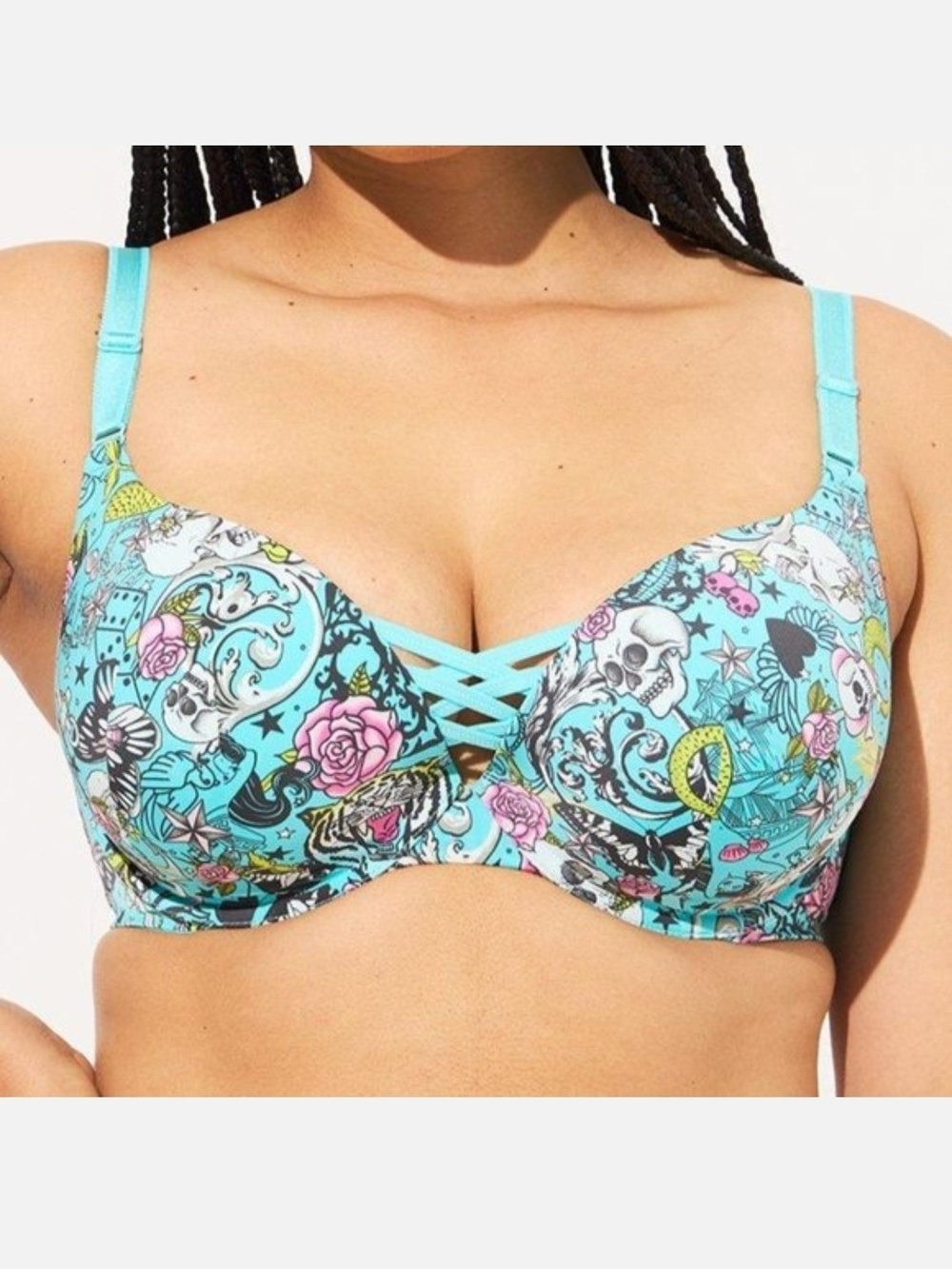 Torrid Curve Blue Tattoo Print Strappy Push-Up Bra Blue & Pink
